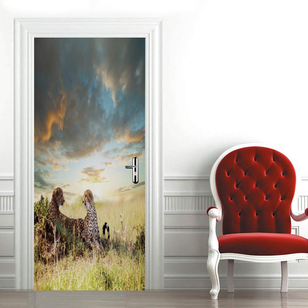 Papier peint porte sticker trompe l'oeil 3D léopard mural décoration cuisine chambre
