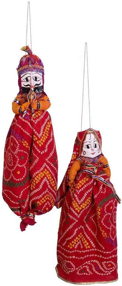 Rajasthani Katputli Dolls Wood Folk Puppets, Traditional Handcrafted Rajasthani Colorful Wooden Face, 1 Male and 1 Female Cultural Dance Show Dolls and Home Decor