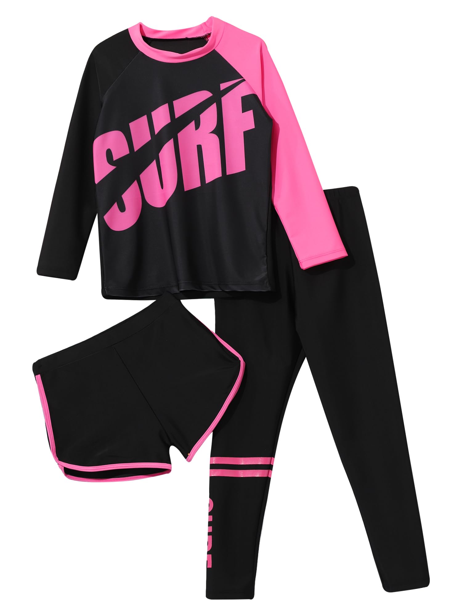 TiaoBug Jungen 3 Teillig Badeanzug Ganzkörper Schwimmanzug mit Sonnenschutz Rashguard Neoprenanzug Lange Ärmel T-Shirt mit Lange Hose Badeshorts
