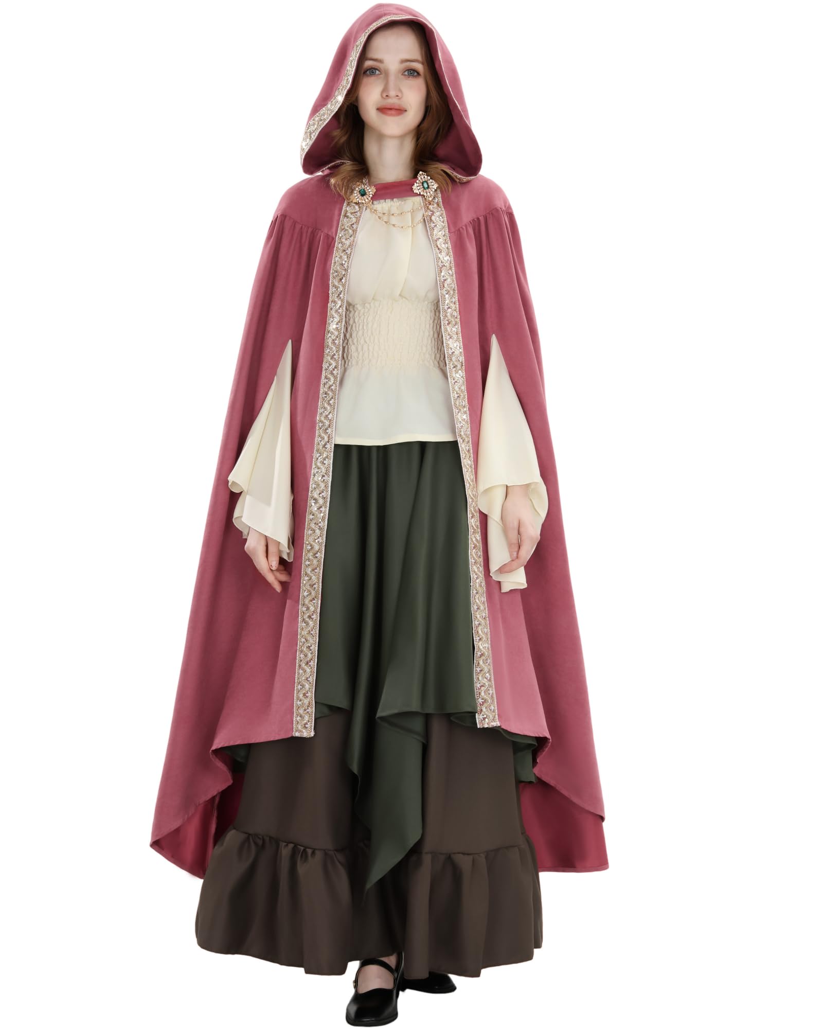 Fiamll Mittelalter Umhang Damen Kapuze Mantel mit Manschette Einfarbige Trenchcoat Renaissance Vampir Umhang Cape Halloween Kostüm