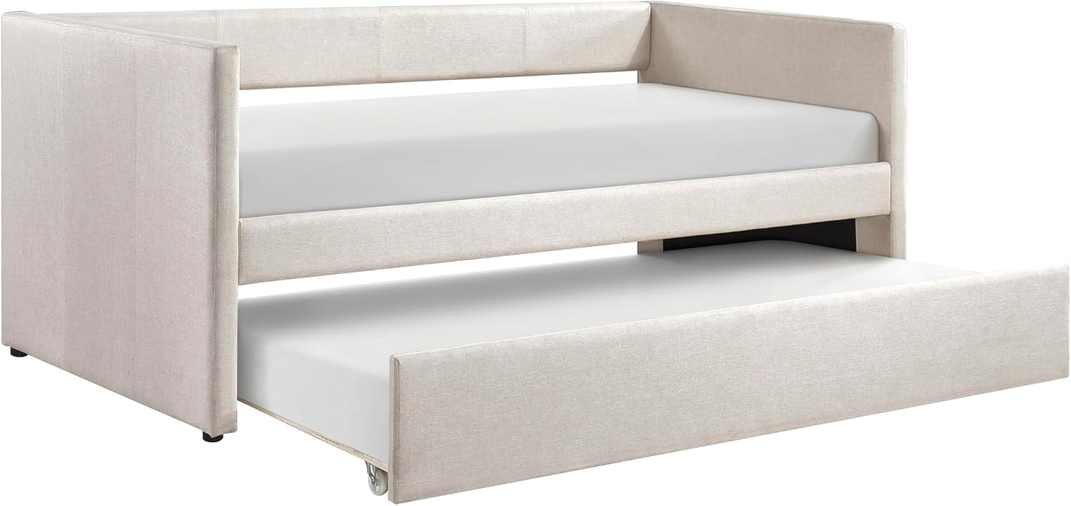 Lexicon Upholstered Daybed with Trundle, Textured Fabric Twin Day Bed Frame with Backrest and Wood Slat Support, Twin Trundle Daybed Sofa Bed for Bedroom Guest Room, No Box Spring Needed, Beige