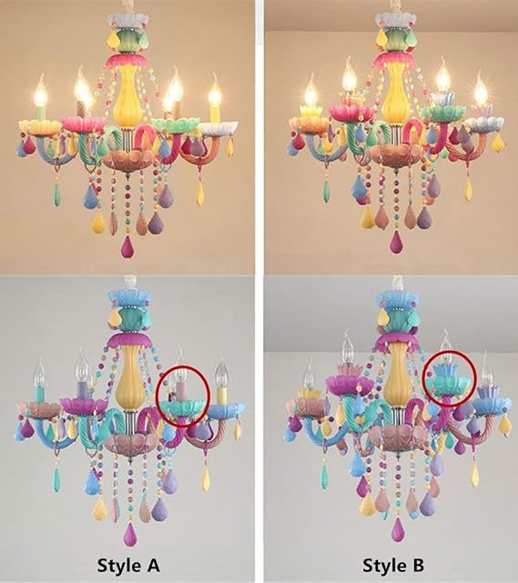 LAKIQ Colorful Crystal Hanging Chandelier Light Fixture 6 Lights European Girls Room Pendant Ceiling Lighting Candle Chandelier for Girls Bedroom Living Room Dining Room Coffee Shop (Style B)