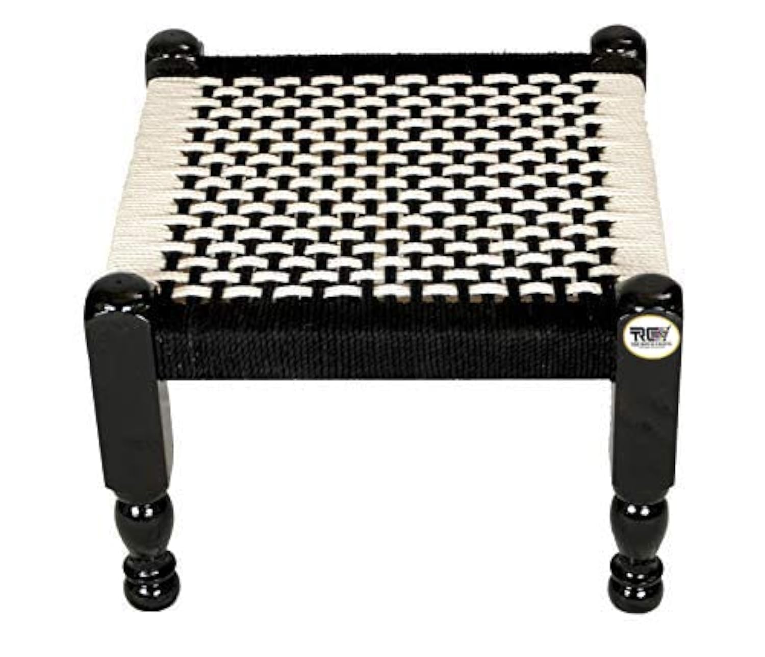 Traditional handicrafts Black and White Cotton Rope 12 inch Wooden khatli Stool mudda pidda rajwadi Furniture (12 INCH)