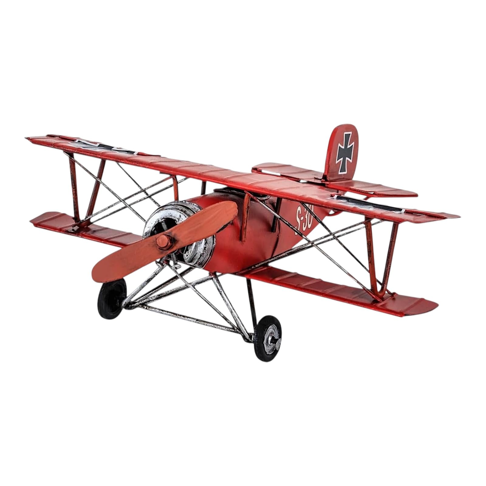 Red Baron Flugzeug Modell - Vintage Blech-Doppeldecker, handbemalt, dekorative Flugzeugskulptur 25 cm | Retro Luftfahrt Sammlerstück