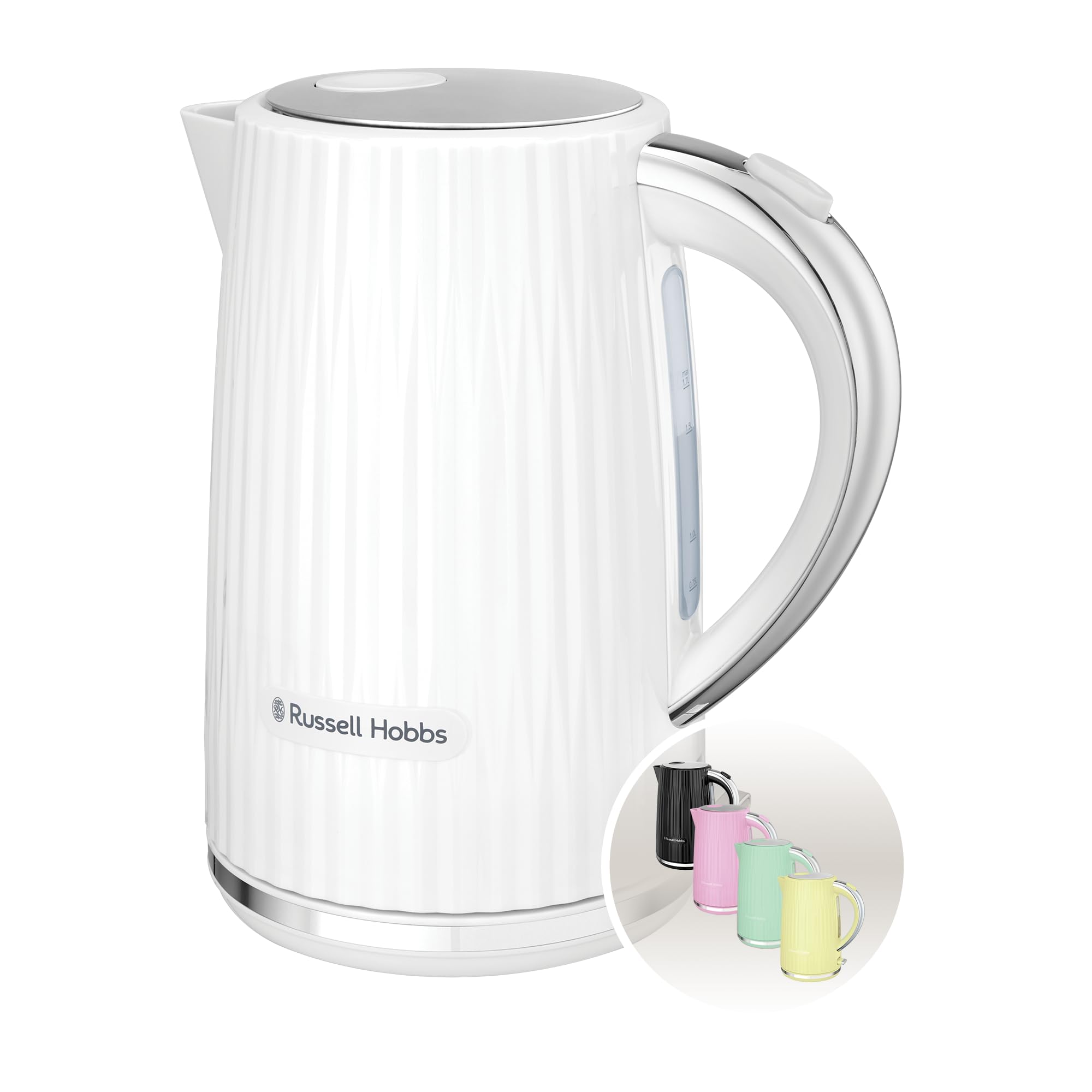 Russell Hobbs Electric Kettle (Hot Water, Tea or Coffee, 1.7L, Push to open lid, Perfect pour spout, Removable washable filter, Illuminated switch, Chrome accents, White, 3000W) Eden 27360