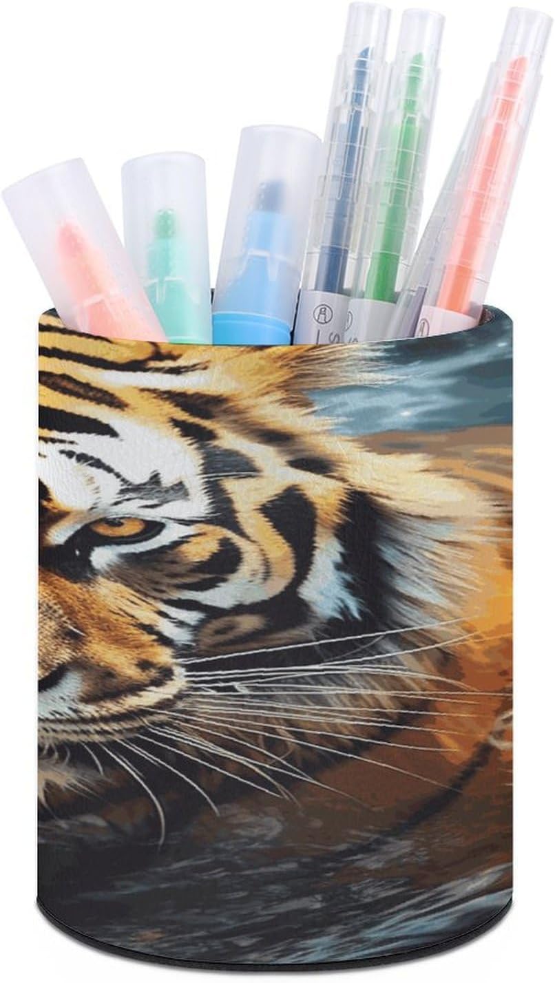 Cool Tiger PU Leather Round Pen Holder for Home Office