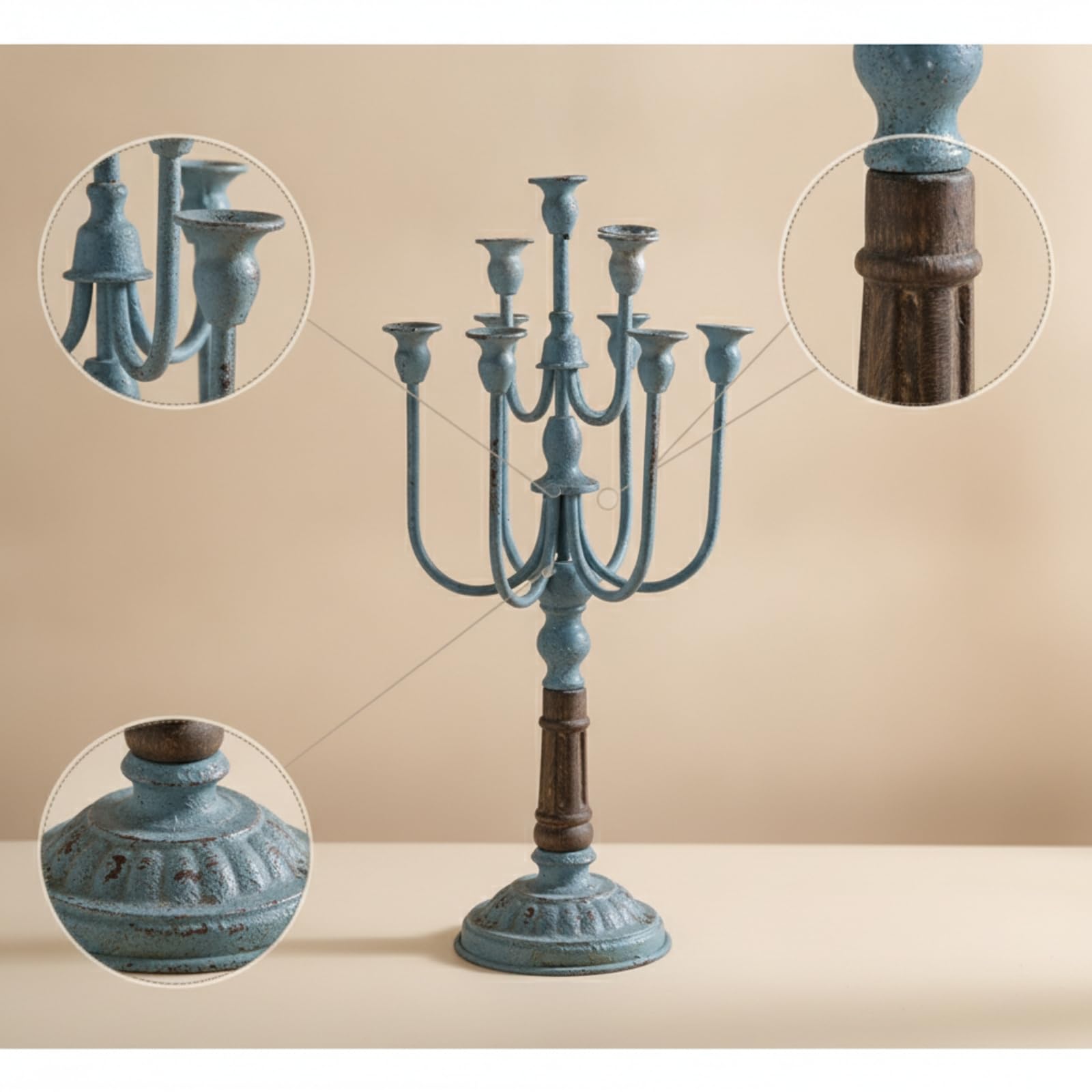 Candelabro Portacandele Candeliere Centro Tavola Decorazione in Ferro E Legno con Base Rotonda Stabile E Curvi Stile Rustico Francese Adatto Matrimoni Eventi, Bianco