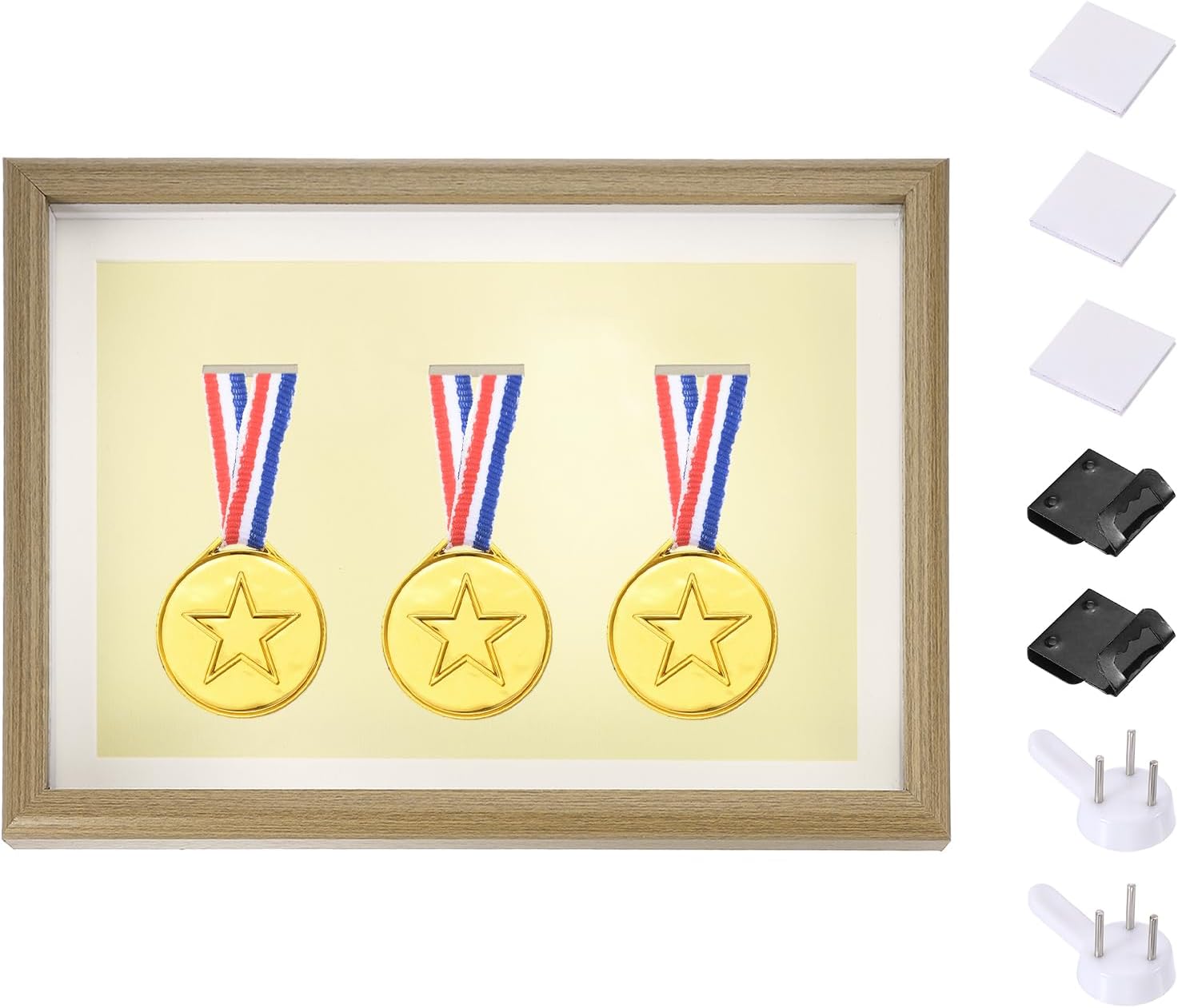 PATIKIL 12.6x9 Medal Display Case, Wooden Medal Display Frame Shadow Box Frame Storage Stand for 3 Medals Marathon Badge Soccer Sports Race Wall Desktop, Oak Wood Color,Horizontal