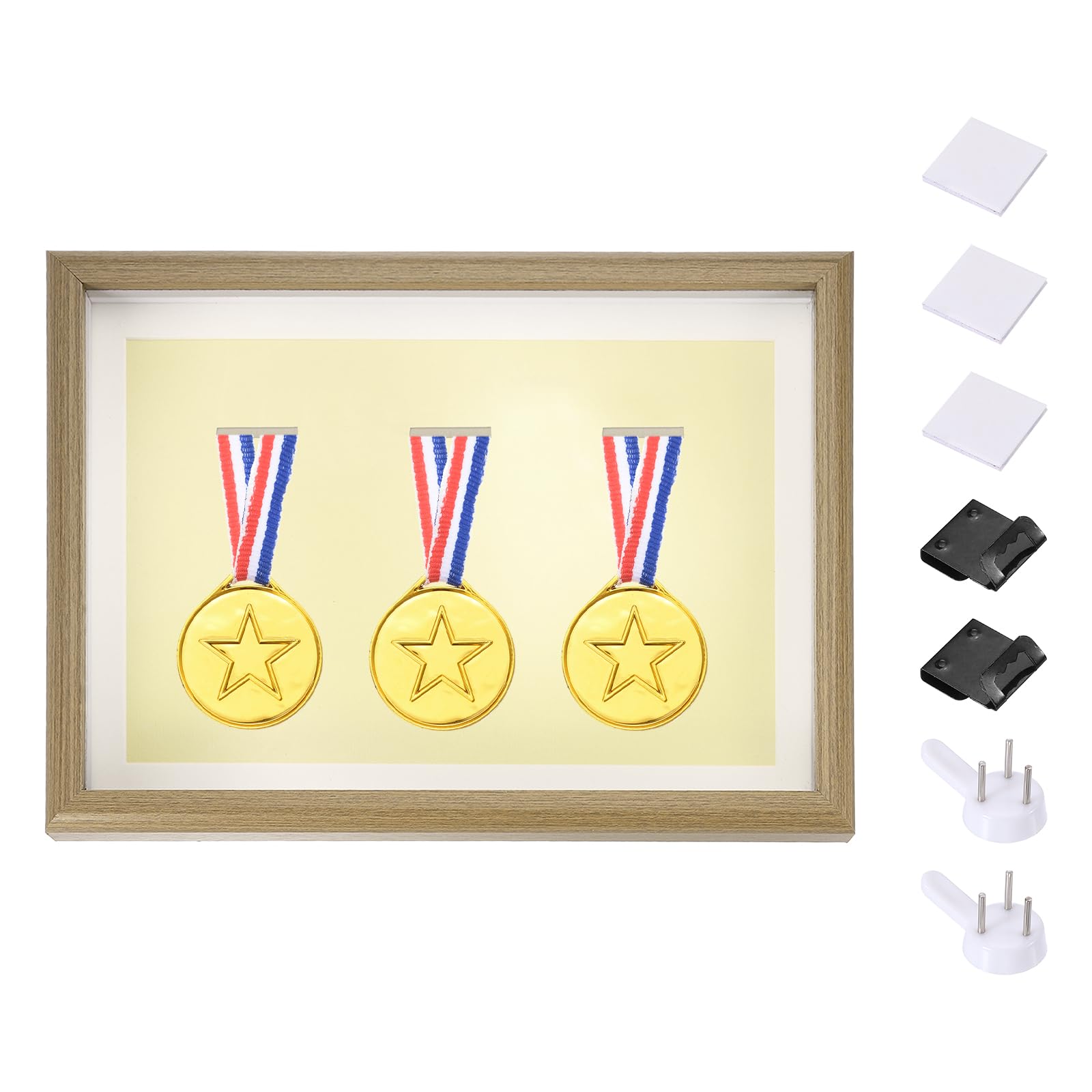 Marco para sombras de madera horizontal para lucir medallas de fútbol en mesa