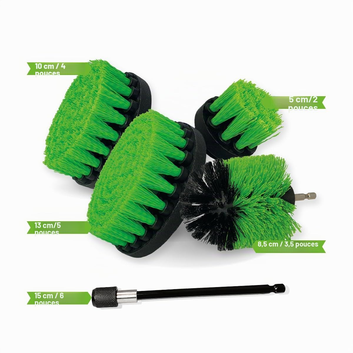 Brosse de Perceuse Premium – Mi-Dure 5 pièces (13/10/8,5/5 cm + rallonge 15 cm) | Brosse Anti-Rayures pour Plans de Travail, Plaques, Fours et Linoléum