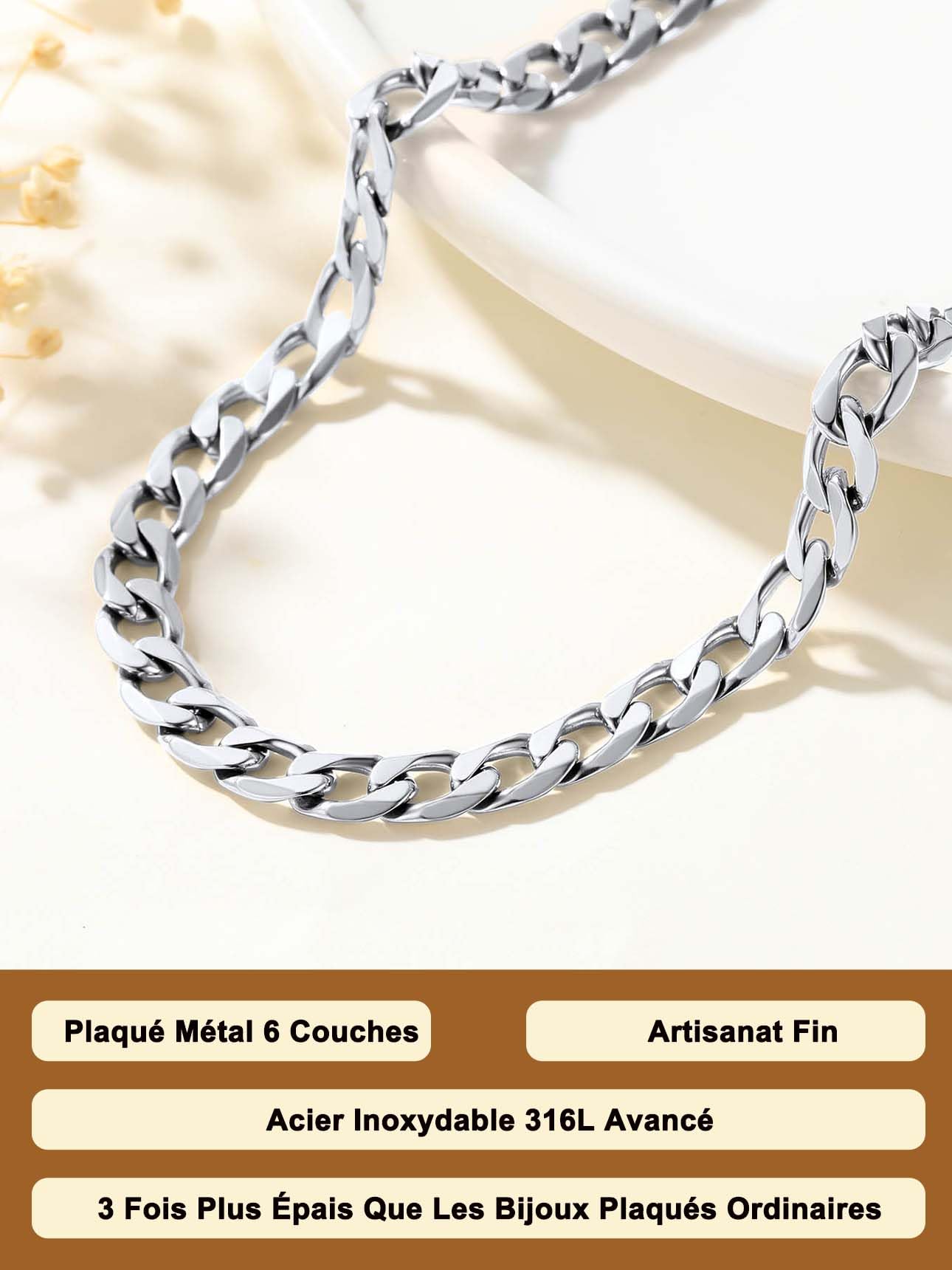 Suplight Chaîne Homme Acier Inoxydable Maille Cuabine-Largeur 4/6/9mm- Chaine Gourmette pour homme Taille 46/51/56/61/66/71/76cm