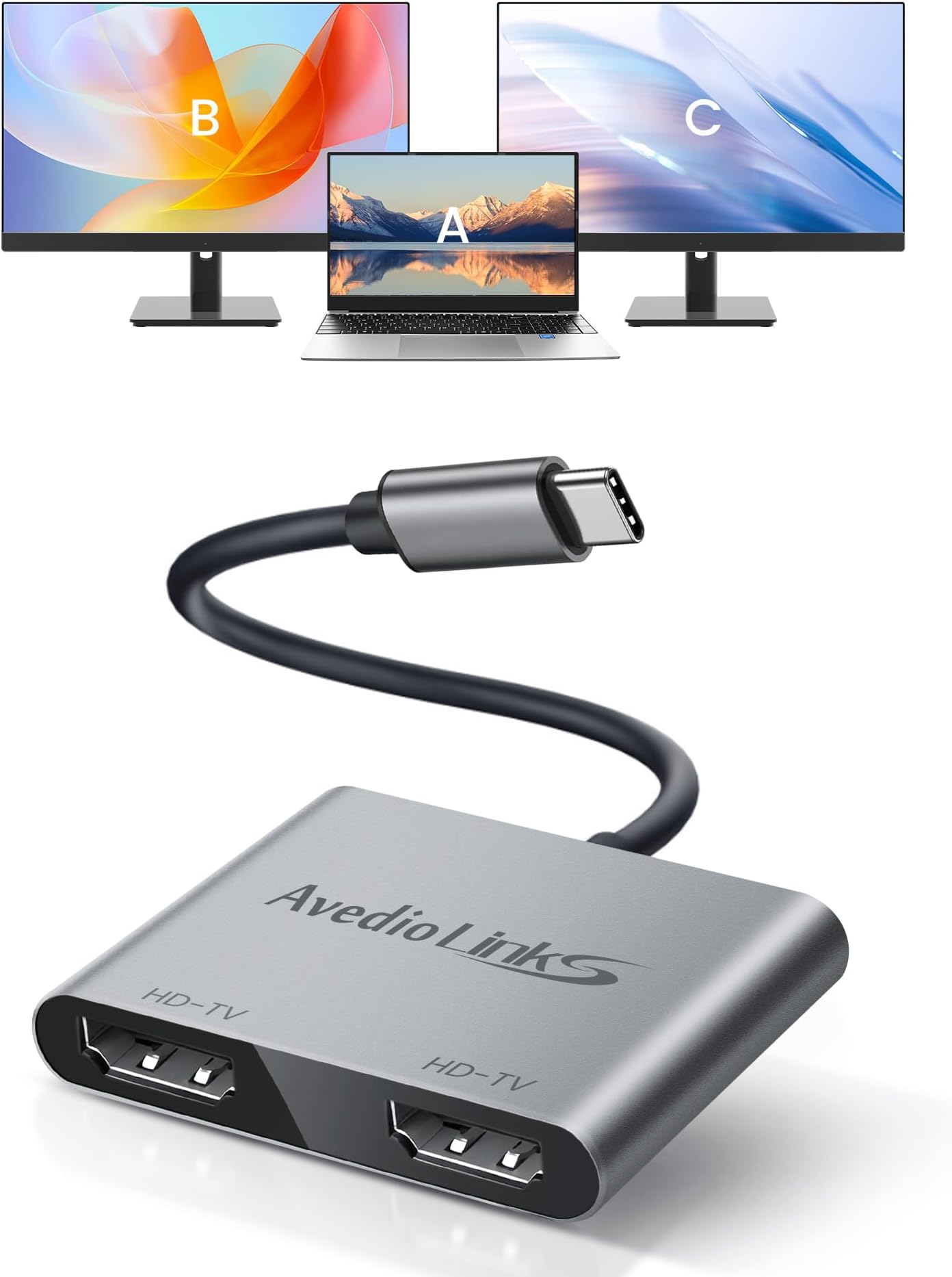 avedio links 4K@60Hz USB C to Dual HDMI Adapter, 4K HDMI Splitter Extended Display for Dual Monitors Support Dual 4K@30Hz, Type C to HDMI Adapter Compatible for Thunderbolt 3, USB C 3.1/3.0