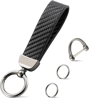 JUSTTOP Leather Carbon Fiber Keychain with Anti-Lost D-Ring & Wristlet - Premium Car Key Chain for Men Women (Black)