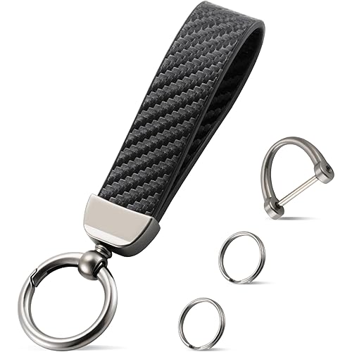 JUSTTOP Leather Keychain, Carbon Fiber Car Key Chain with Anti-Lost D-Ring and 2 Key Ring, Keychain Wristlet, Car Accessories, Universal Keychain for Men and Women (Black)