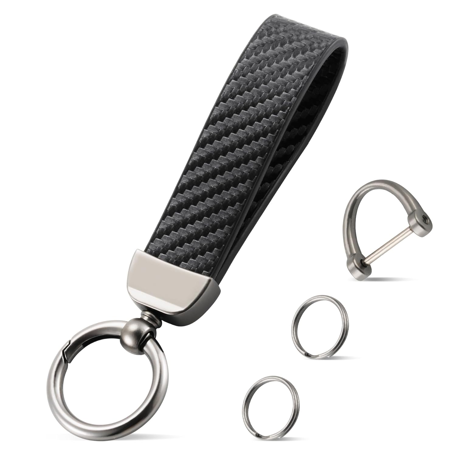 JUSTTOP Leather Keychain Carbon Fiber Car Key Chain with Anti-Lost D-Ring and 2 Key Ring keychain wristlet Car