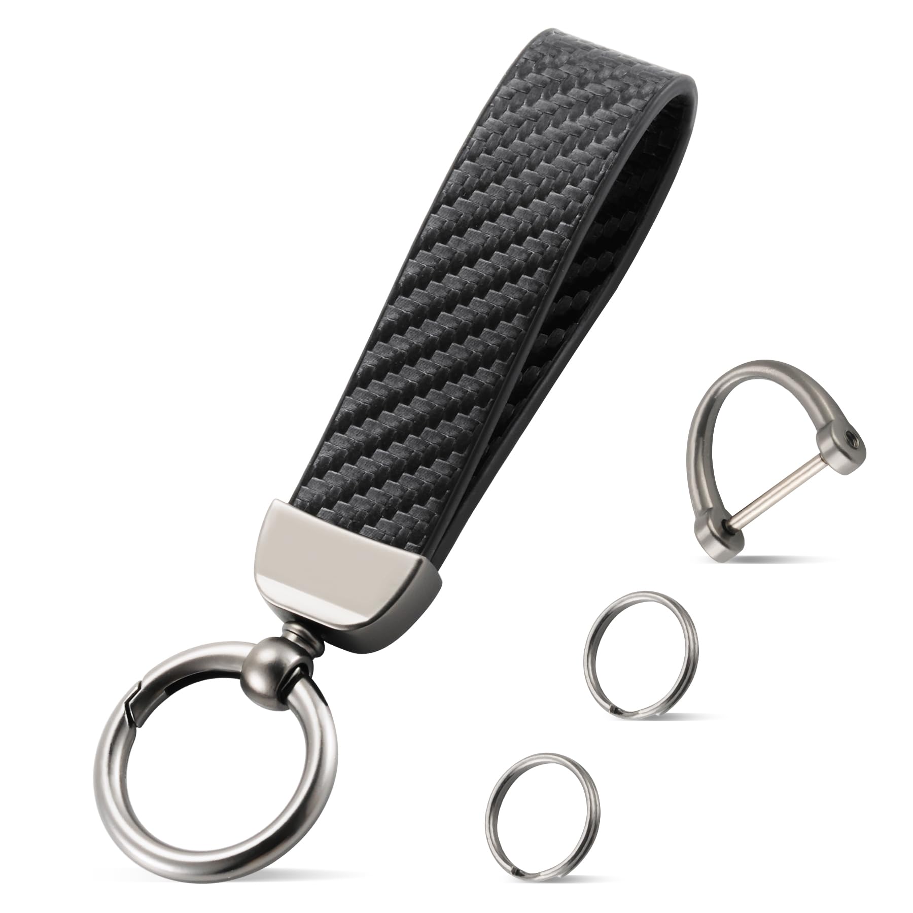 JUSTTOP Leather Keychain Carbon Fiber Car Key Chain with Anti-Lost D-Ring and 2 Key Ring Keychain Wristlet Car