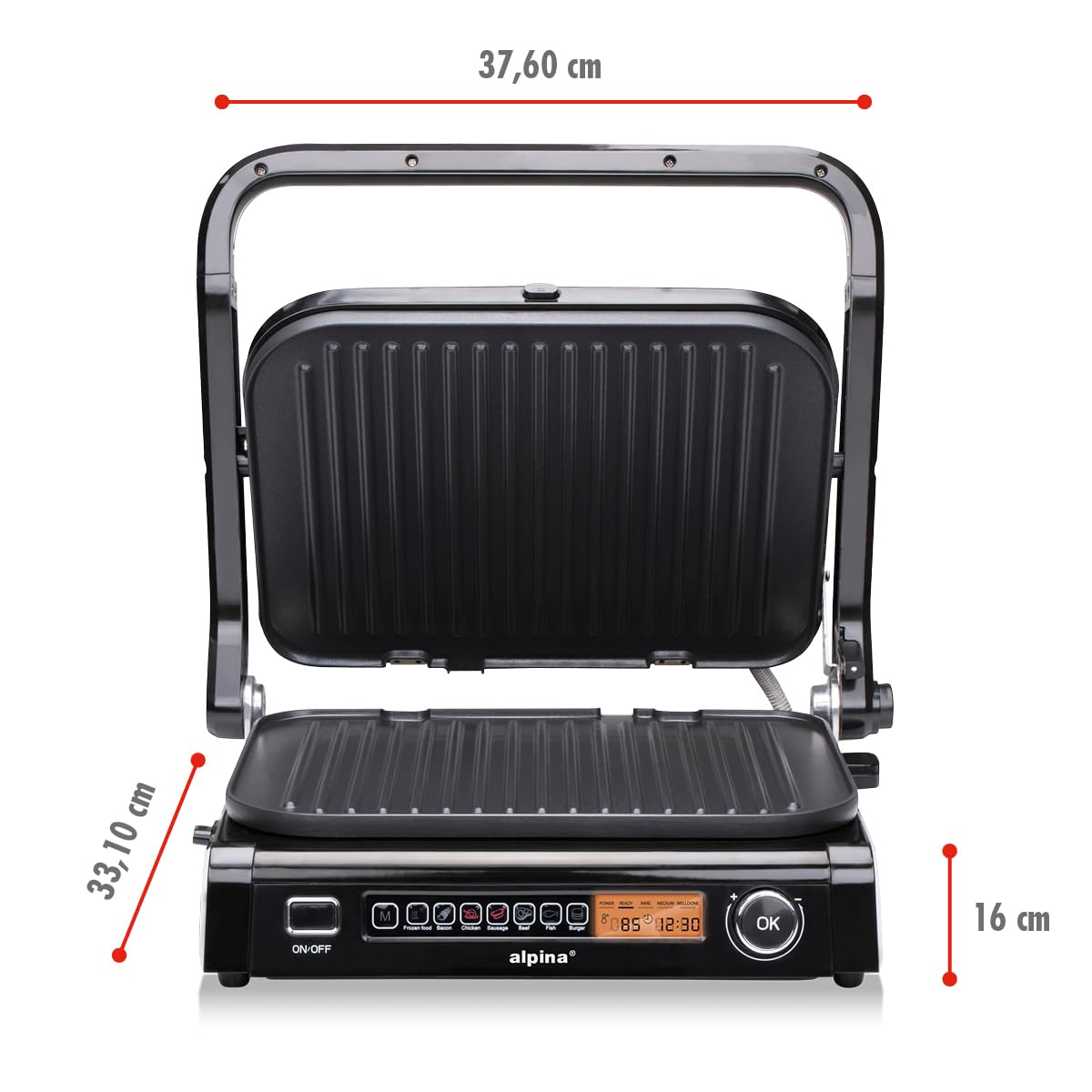 ALPINA - Grill électrique Multi fonction Panini Viande 2100W Minuterie 8 réglages Cuisson intelligente Plaque Anti-adhésive