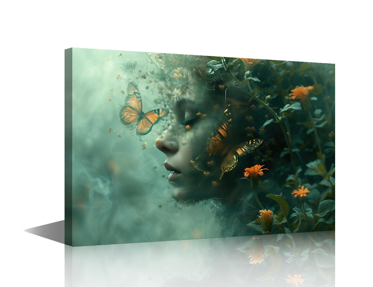 TISHIRON 1 Panels Female Portrait Framed Wall Art Butterfly Girl Wall Decor for Bedroom Butterflies and Flowers Modern Artwork Giclee Wooden Framed Gallery-Wrapped Ready to Hang (12" Wx18 H)