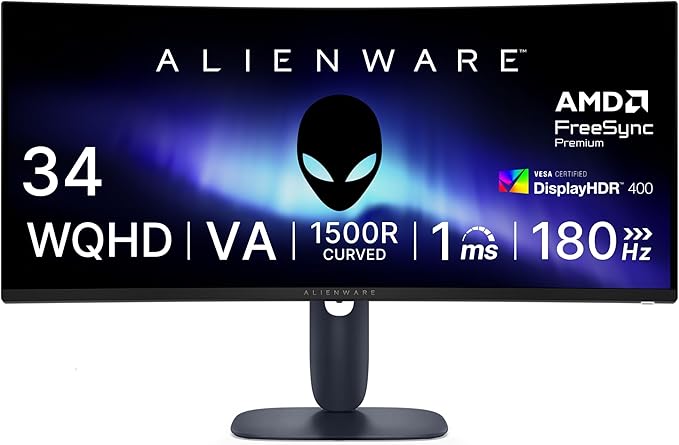 【Amazon.co.jp限定】Dell AW3425DWM-A 34インチ 曲面 Alienware ゲーミングモニター(無輝点5年保証/WQHD/VA非光沢,1500R曲面/DP1.4x1,HDMI2.1x2/DCI-P3 95%/高さ調整,傾き/1ms,180Hz/FreeSync Premium,VESA DisplayHDR 400)