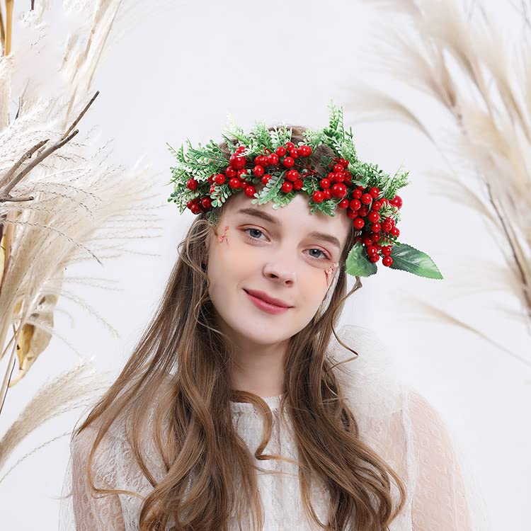 BubbmiWreath Headband with Red Berry, Green Leaf Crown, Garland for Woodland Wedding Party, Festival Hair Wreath for Women Girls (2429E)