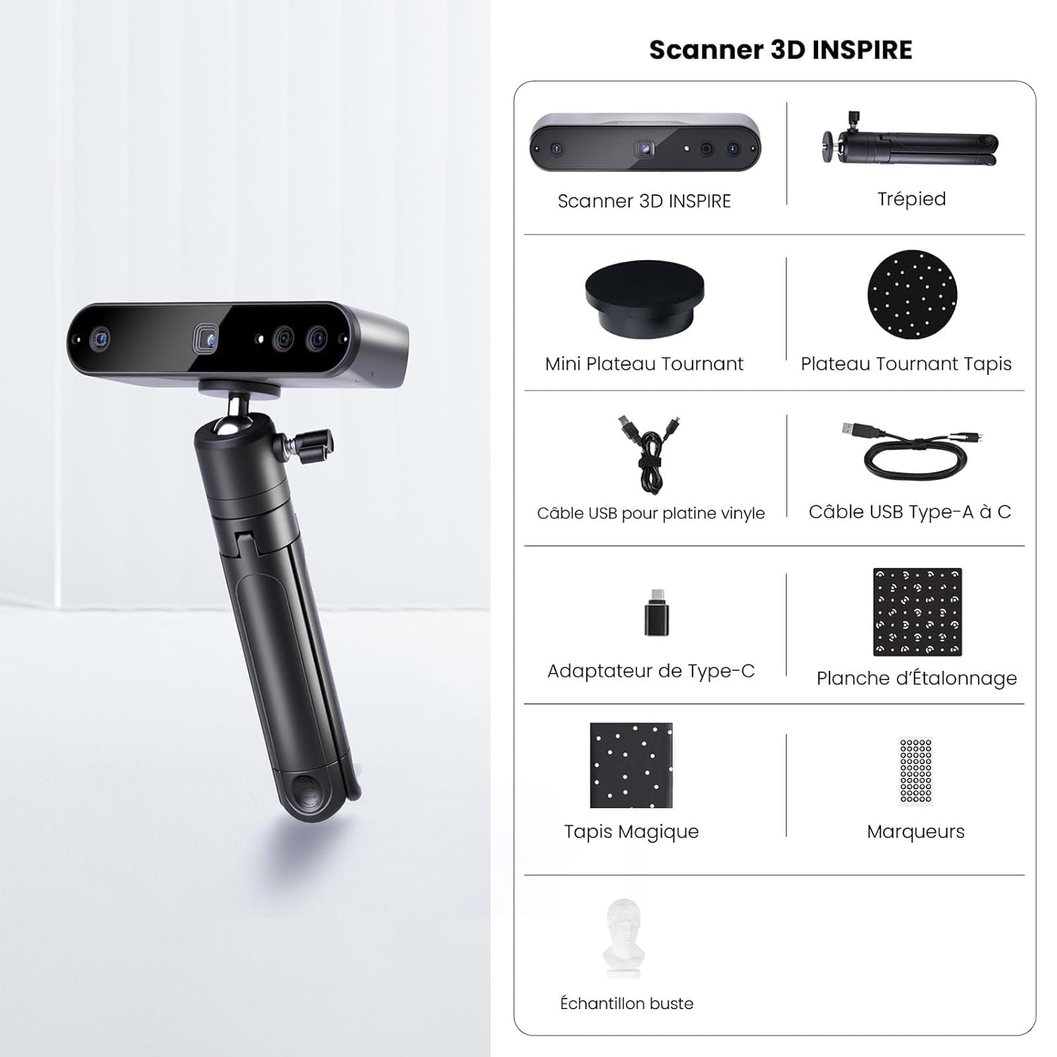 Revopoint INSPIRE Scanner 3D pour Impression 3D, Modèle 3D Scanner Portable jusqu’à 18FPS Vitesse de Scan 0.2mm de Fidélité, Scan 3D Couleur Compatible avec Android/iOS/Mac/Win