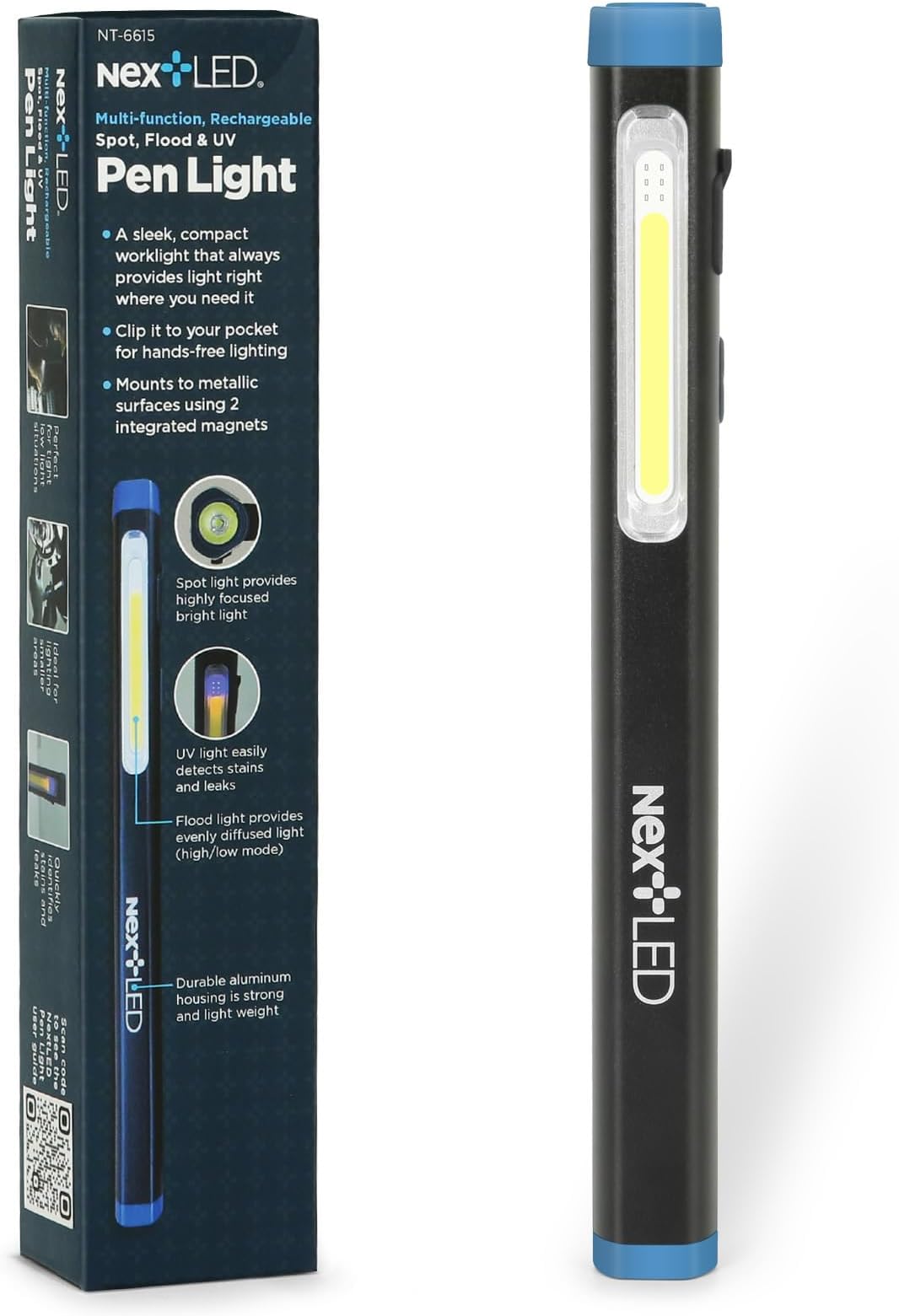 NT-6615 Heavy Duty Rechargeable Pen Light, 3 in 1 Flashlight, Spot/Flood/UV Pen Light for Mechanics, Compact Inspection Flashlight, Multi-Function Pocket Work Light, Aluminum, Magnets, Type-C