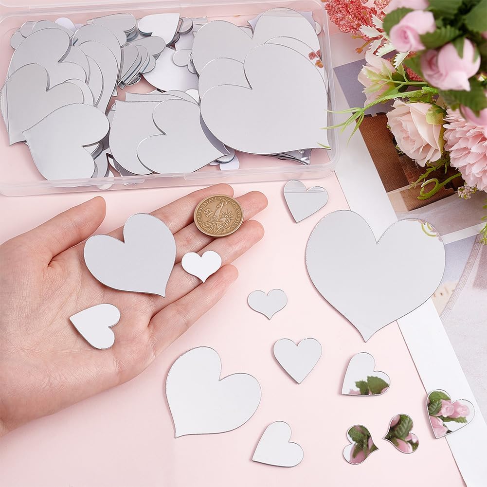 PH PandaHall 100pcs Heart Shaped Mirrors 4 Sizes Adhesive Craft Mirror Tiles Love Heart Mosaic Tiles Small Mirror for Wedding Christmas Tree Vase Art Crafts Home Wall DIY Craft Valentine's Day Decor