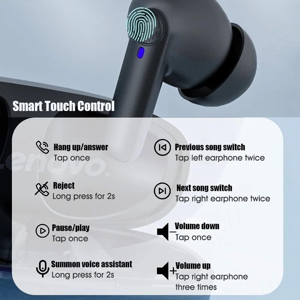 Diagram illustrating the smart touch controls for Lenovo HT05 earphones: Tap once to hang up/answer or pause/play. Long press for 2s to reject call or summon voice assistant. Tap left earphone twice for previous song. Tap right earphone twice for next song. Tap once for volume down. Tap right earphone three times for volume up.