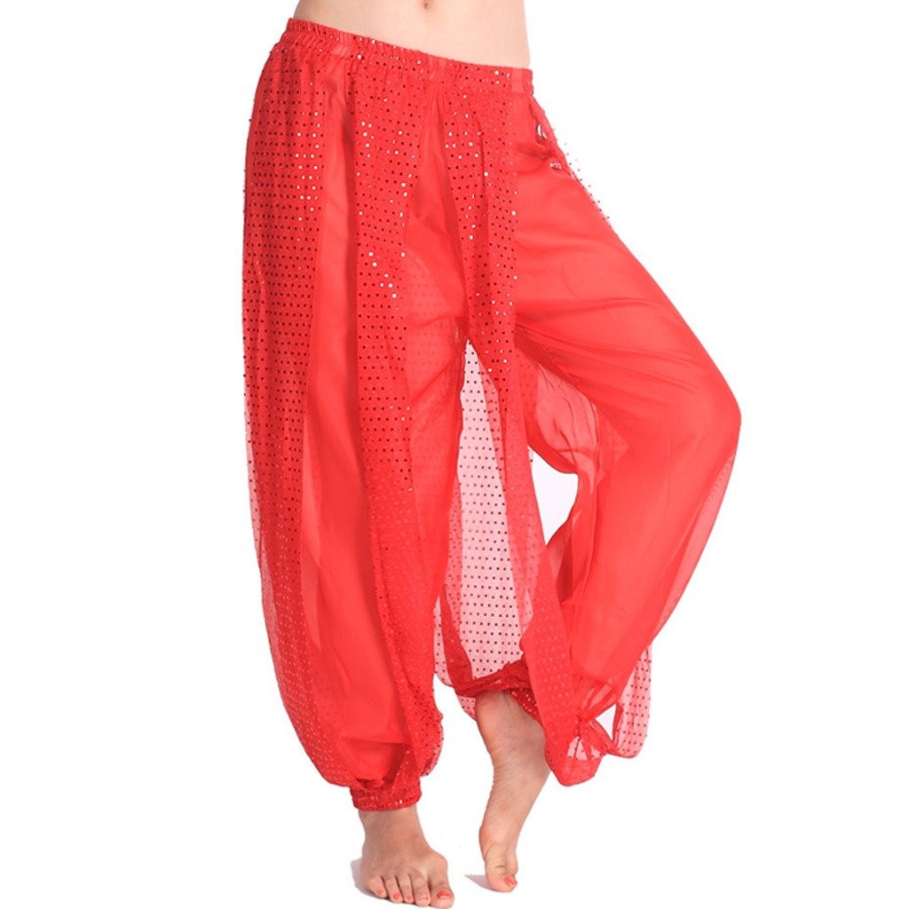 Baisdan Girls Red Belly Dance Harem Pants, Sequin Shiny Harem Yoga Pants India Arab Dance Bloomer Trouser