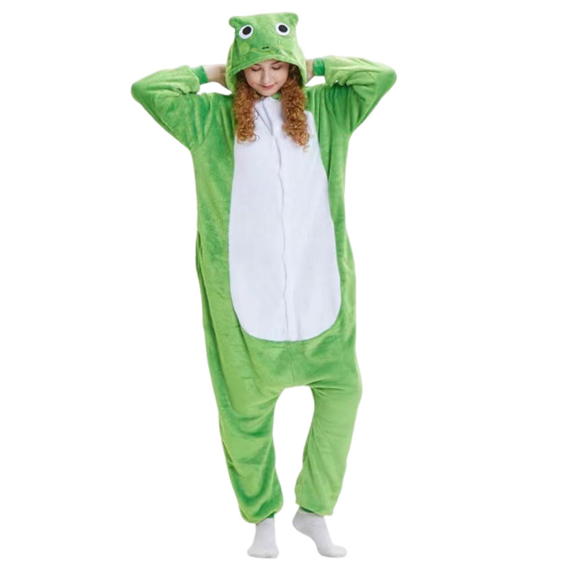 Combinaison Grenouille Mignonne et Douce Costume de Grenouille à Manches Longues Animal de Dessin animé Combinaison avec Yeux Ronds Chapeau Costumes Cosplay Confortables pour la Maison et la fête