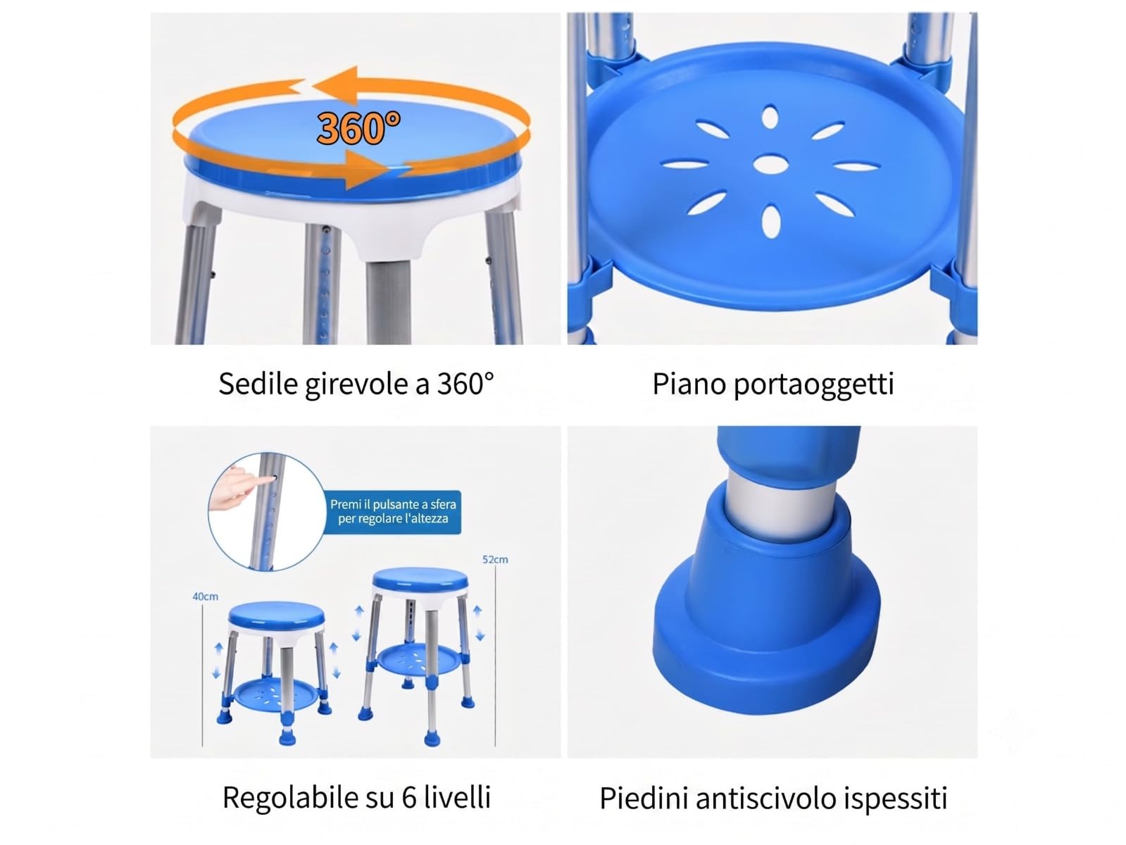 Taburete de ducha GIMA giratorio 360° para personas mayores y discapacitadas, asiento ajustable en altura, pies antideslizantes de seguridad, bandeja portaobjetos integrada, color azul, ayuda para
