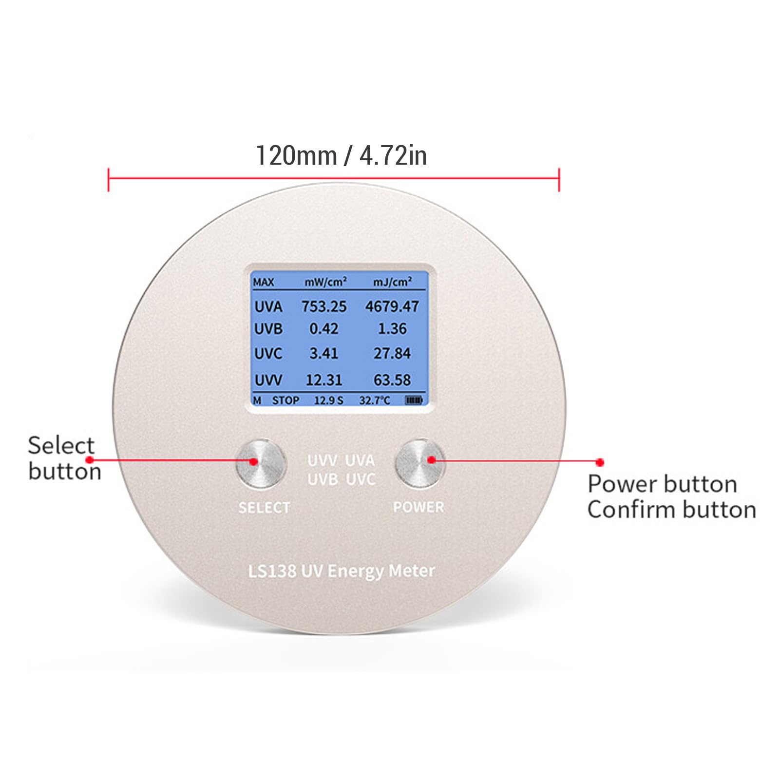 Medidor de índice Ultra Violet, LS138 Smart Ultra Violet Meter Power Meder 230-445NM para UVA UVB UVC UVV