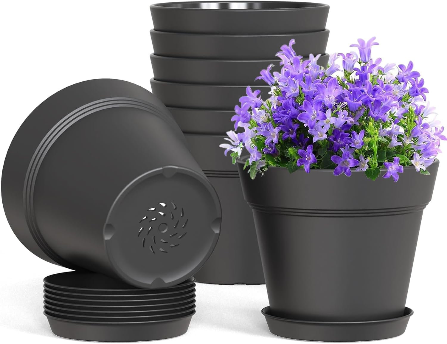 LATERN 10Pcs Plastic Flower Pots, 15CM Thicken Plant Pot Root-Control Seedling Planter Garden Nursery Pot with Drainage Hole and Tray Saucer for Plants Flowers Herbs Succulents Cactus (Black)