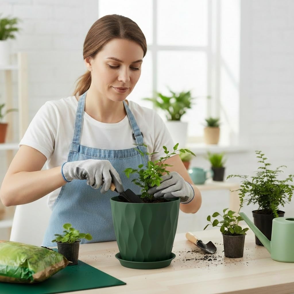 Plant Pots 8 Inch, 6 Pack Plastic Flower Pots for Indoor & Outdoor Plants, Planters with Drainage Holes and Saucer, Garden Pot for Plants (Deep Green)