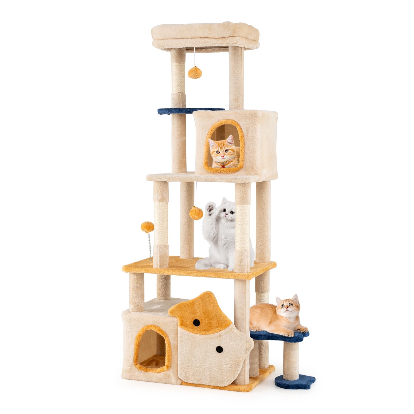 COSTWAY Wooden Cat Tree, 159cm Multi-Layer Cats Tower with 2 Condos, Removable Plush Perch, Scratching Posts, Fish-shaped Platforms, Dangling Balls & Spring Toy, Kitten Activity Center for Indoor Cats