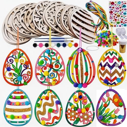 Ruiaqer Manualidades de Pascua para niños, huevos de Pascua de madera para pintar, 109 unidades, juegos de manualidades para niños, colgantes de madera para pintar con pompones, cuerda decorativa