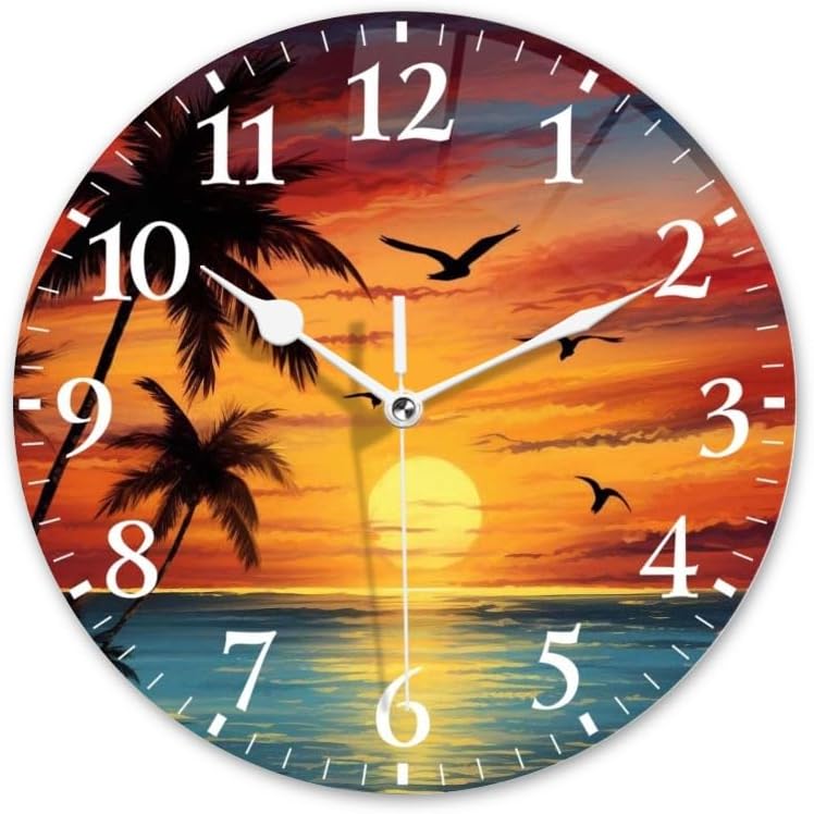 Battery Operated Round Wall Clock Non-Ticking Silent Analog Clcok Decorative for Living Room,Office,Kitchen-Tropical Sunset Over The Sea with Palm Trees(16inch)
