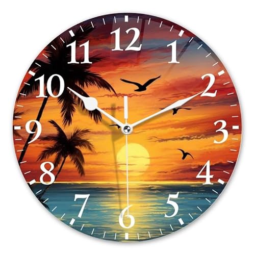 DTOIVSAT Battery Operated Round Wall Clock Non-Ticking Silent Analog Clcok Decorative for Living Room,Office,Kitchen-Tropical Sunset Over The Sea with Palm Trees(14inch)