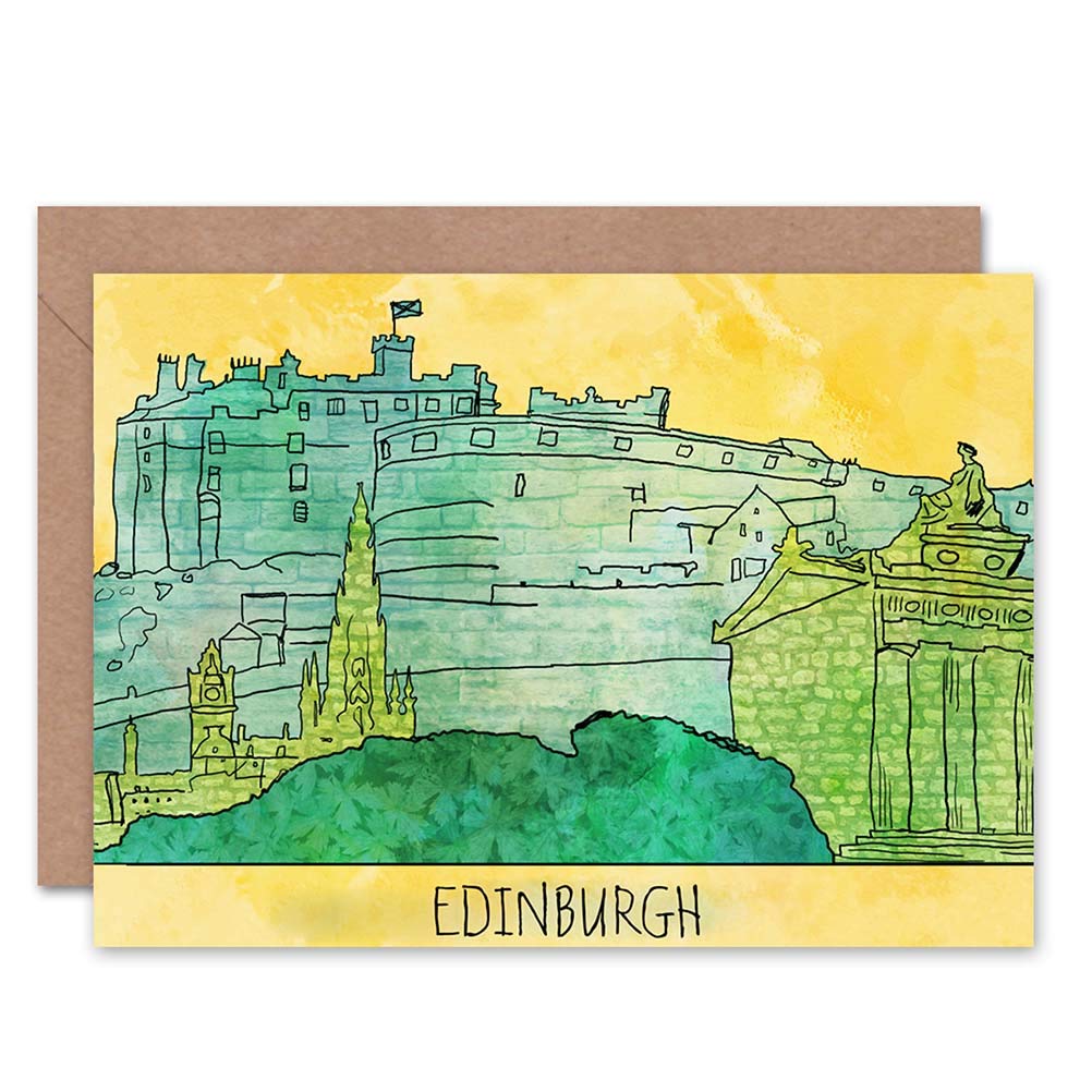 Wee Blue Coo Blue Wee Coo Drawing Illustration Edinburgh Castle Scotland Blank Greetings Card