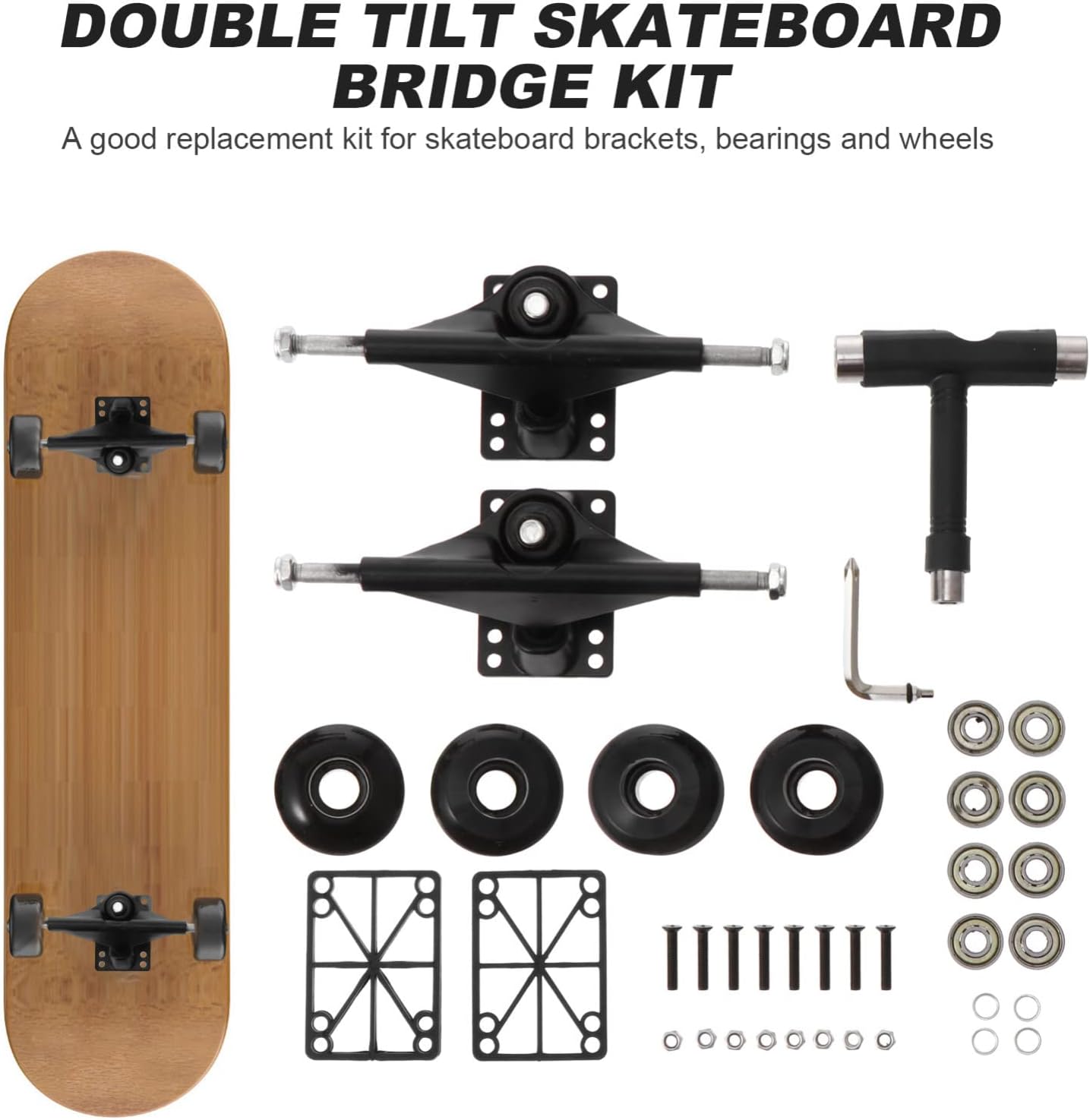 Happyyami 1set Double Tilt Skateboard Bridge Kit Sturdy Pu Wheels Bearings Bracket for All Skateboard Types Random Style