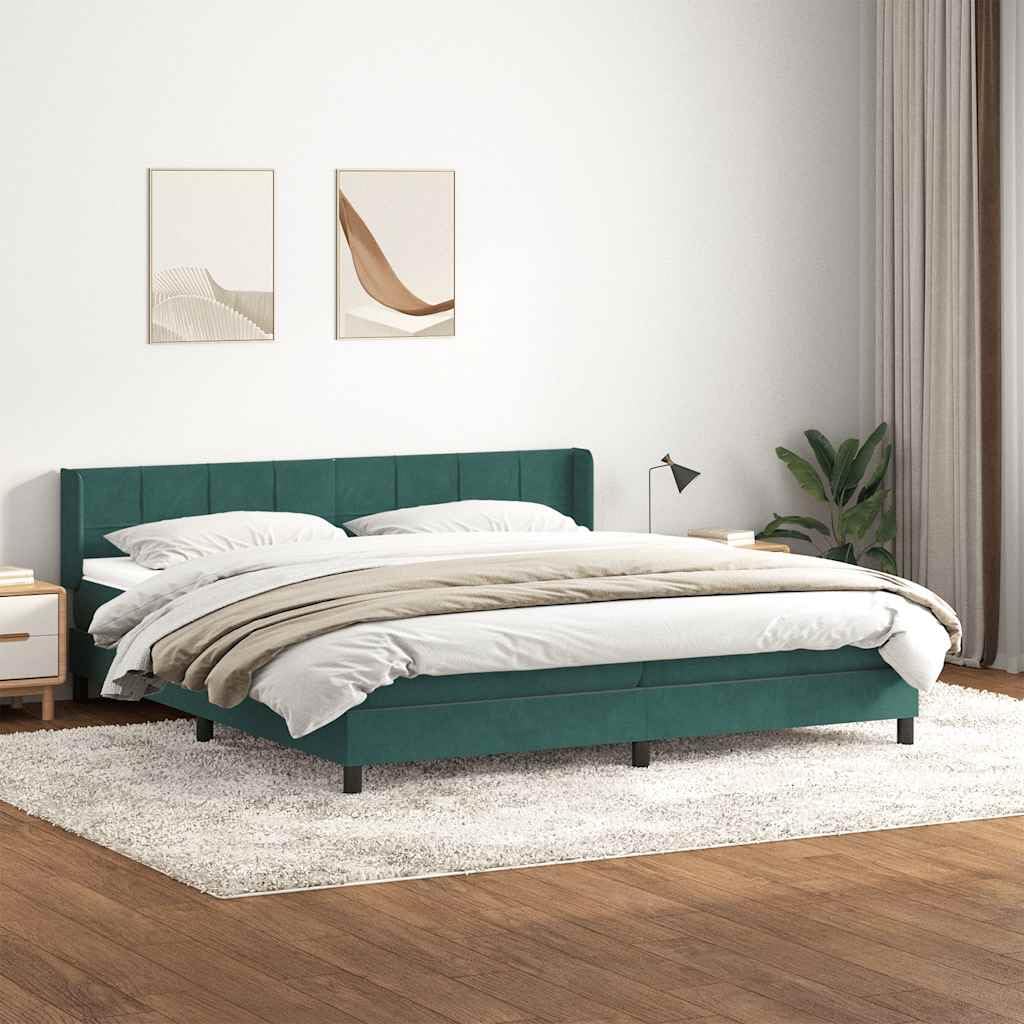 Cama con somier, color verde oscuro, 180 x 220 cm, funda de tela de terciopelo, con colchón de muelles ensacados, cabecero ajustable y cubrecolchón para dormitorio, descanso