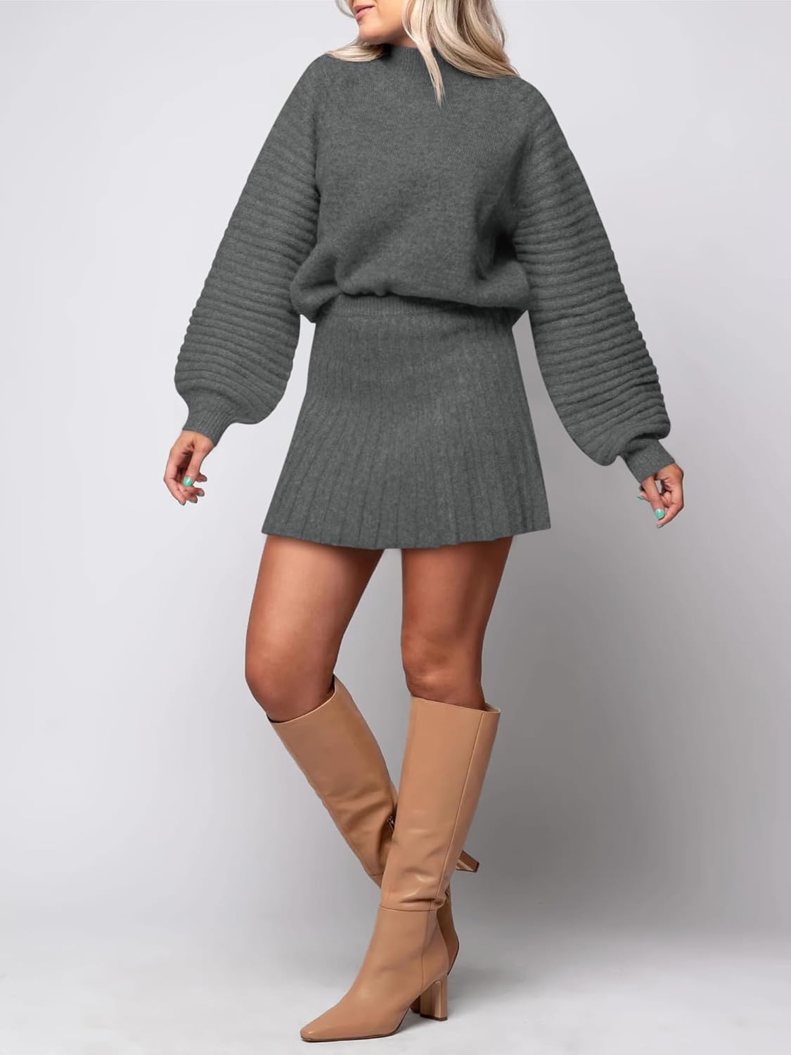 Womens 2 Piece Skirt Sets Fall Fashion 2025 Mock Neck Ribbed Knit Sweaters And Mini Skirt Two Piece Outfits - Image 3