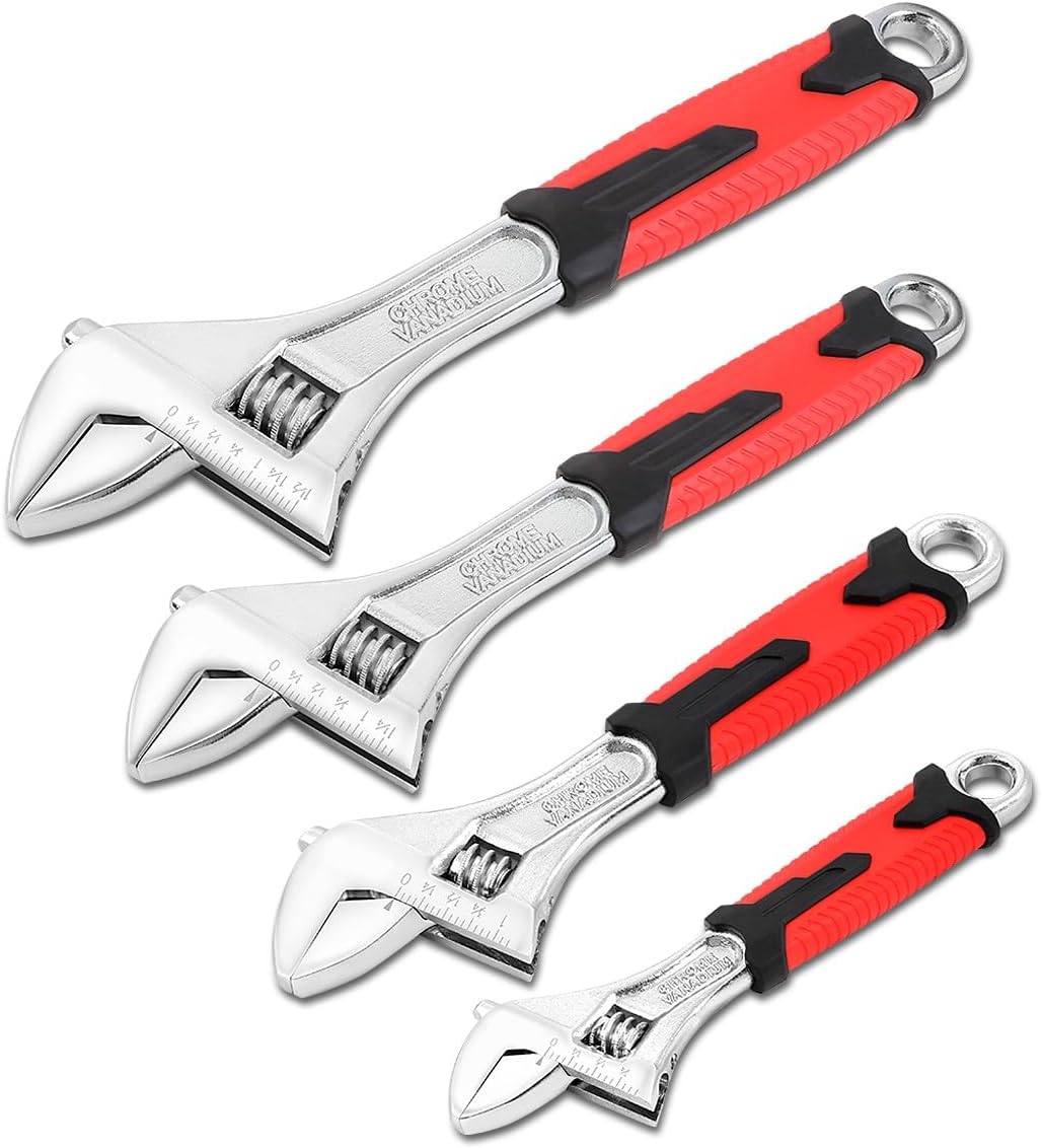 Auto Dynasty 4pcs Adjustable Wrenches Steel Wrench Wide Jaw Wrench Automotive Repair Set with Non-Slip Handle for Home, Garage and Workshop, 6"/8"/10"/12",Red