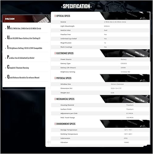 Miniatura 7 de HOLOSUN HE530G 2 MOA Dot & 65 MOA Circle Micro mira para rifle  Durable Shake-Awake Parallax Free Sight con carcasa de titanio, sistema de retícula