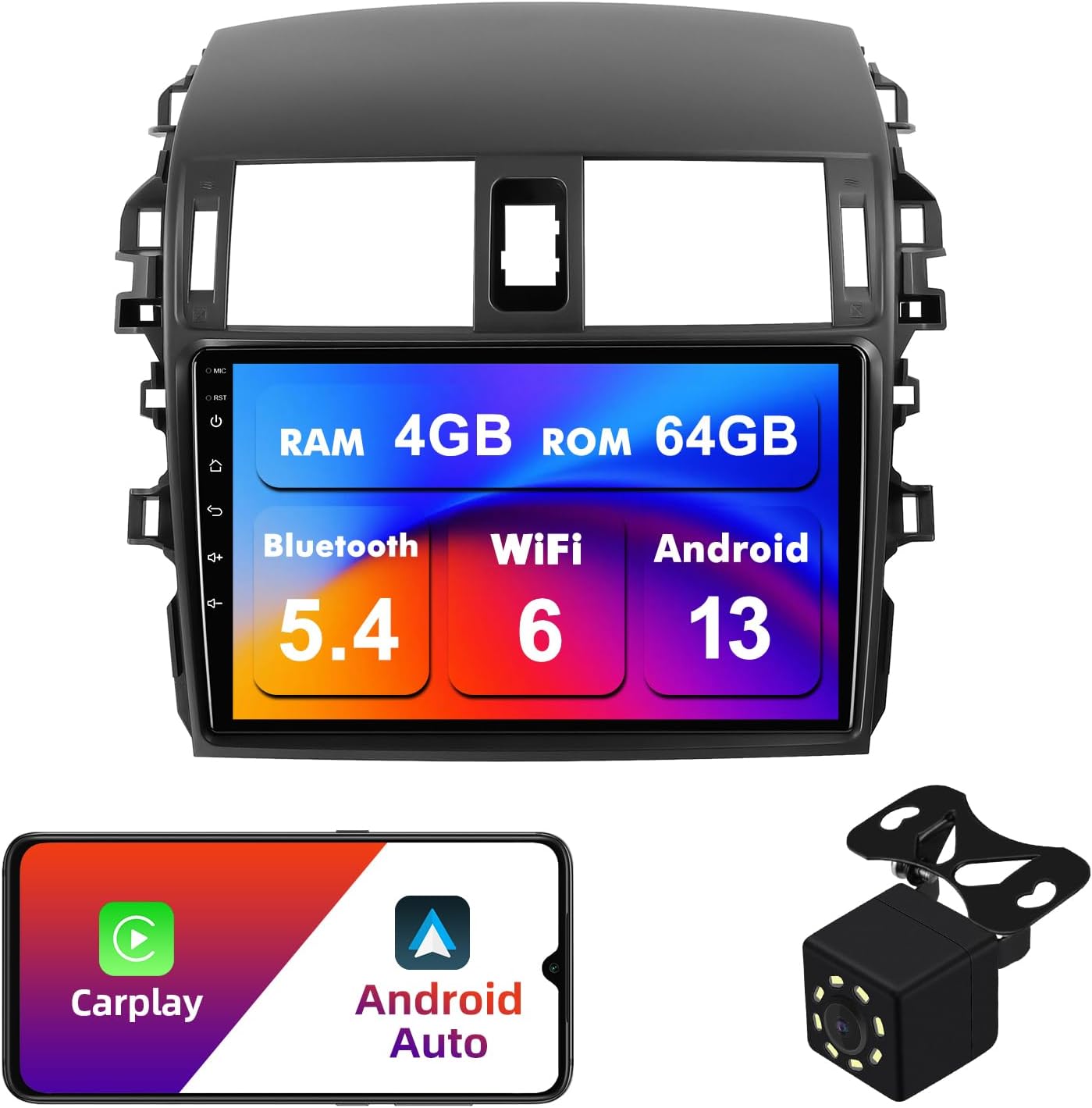 4+64G Android 13 Double Din Car Stereo for Toyota Corolla 2009-2013 with 9 Inch Touchscreen Radio Built-in Wireless Carplay/Android Auto/GPS/Bluetooth/FM/AUX-in/Steering Wheel Controls/Backup Camera