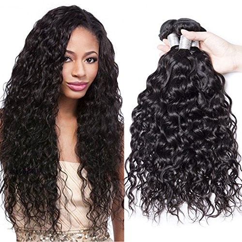 Maxine Hair Unprocessed Brazilian Virgin Water Hair Extensions 3 Bundles, 100% Pure Real Brazilian Human Hair Weave, 8A Grade, Natural Black Color, Full Head 12 14 16inches