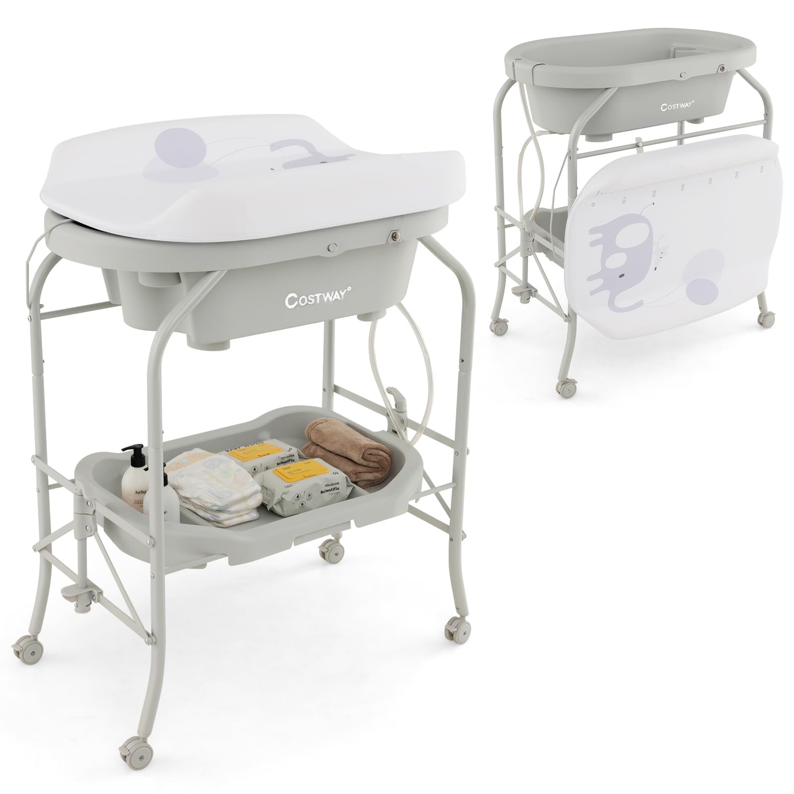Baby Bathtub with Changing Table, Foldable Infant Diaper Changing Station with Storage Tray, Waterproof Pad, Portable Newborn Nursery Organizer Bath Stand with 4 Universal Wheels (Light Grey)