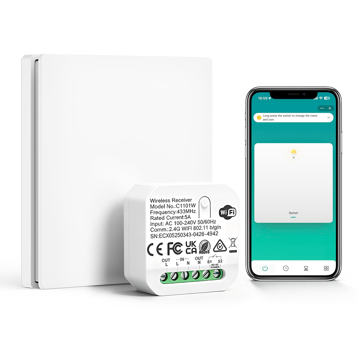 Interrupteur sans fil sans pile, intelligent wifi, interrupteur va et vient sans fil, interrupteur étanche, compatible avec Alexa et Google Assistant, commande vocale et fonction minuterie