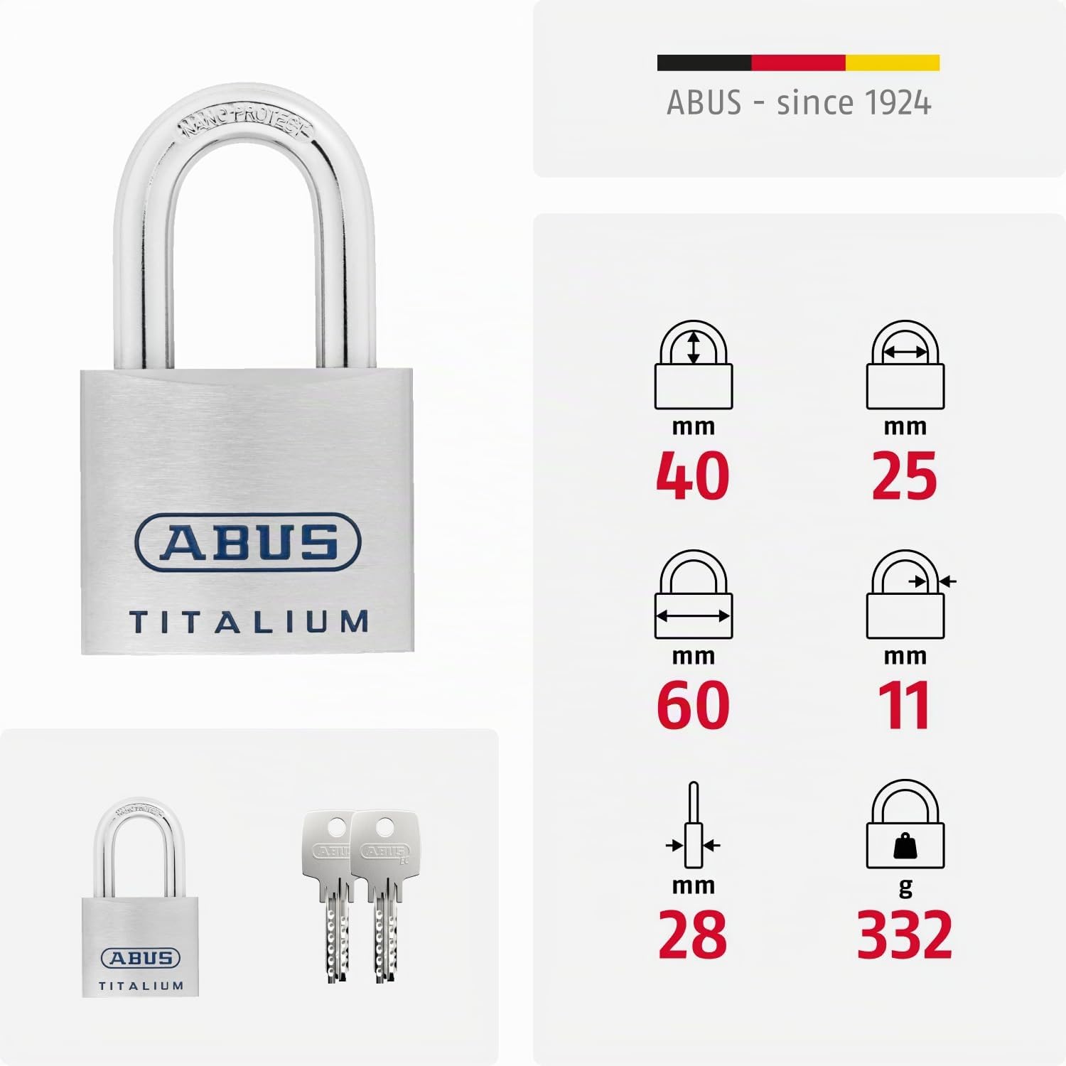 ABUS Titalium Vorhängeschloss 96TI/60 - leichter Schlosskörper aus massivem Spezial-Aluminium - Kellerschloss mit Wendeschlüssel - ABUS-Sicherheitslevel 8 - Silber | Schlosskörper aus Spezialaluminium, gehärteter Stahlbügel mit Nano Protect - 60 mm breit,