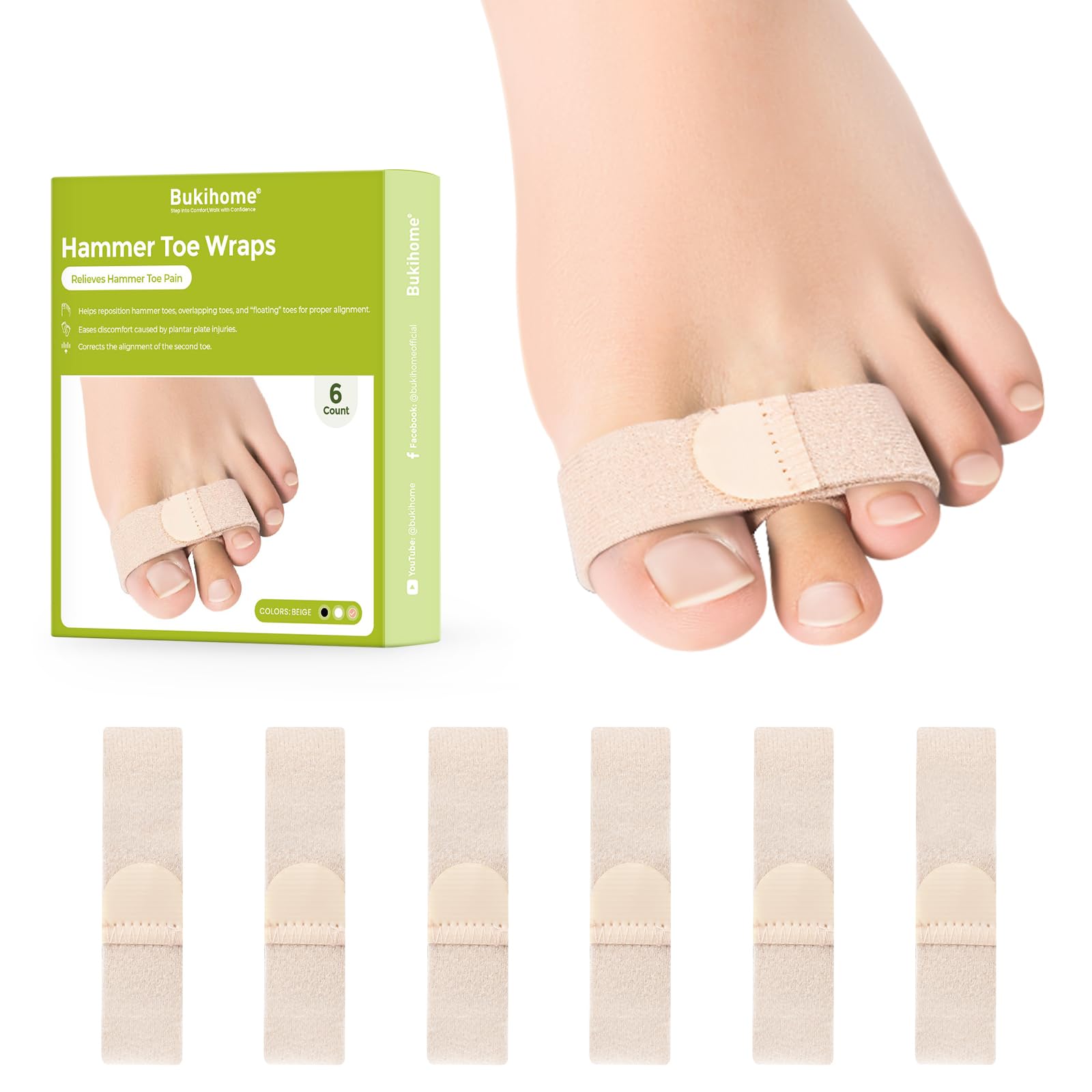 Bukihome 6 Piezas Enderezador de dedos en martillo, vendas de tela reutilizable para proteger y alisar los dedos en martillo, realinea los dedos doblados, rizados,Beige